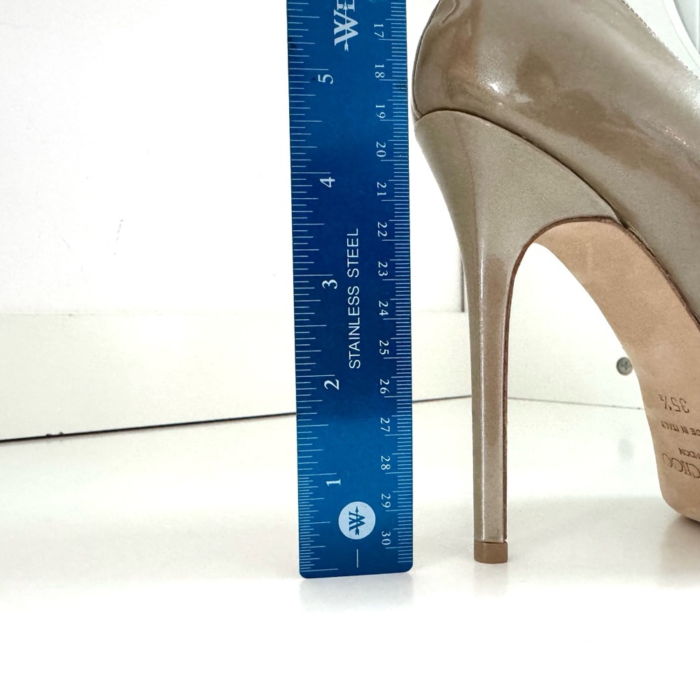 Jimmy Choo Crown Beige Khaki Patent Leather Peep Toe Platform Heels size 5.5 - Picture 15 of 16